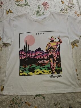 Wrangler White Short Sleeve Tee with Pink Desert Graphic
